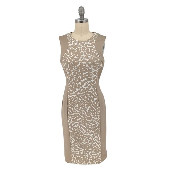 Calvin Klein Animal Print Colorblock Sheath Dress Cream Tan 4 preppy retro mafia - Picture 1 of 7